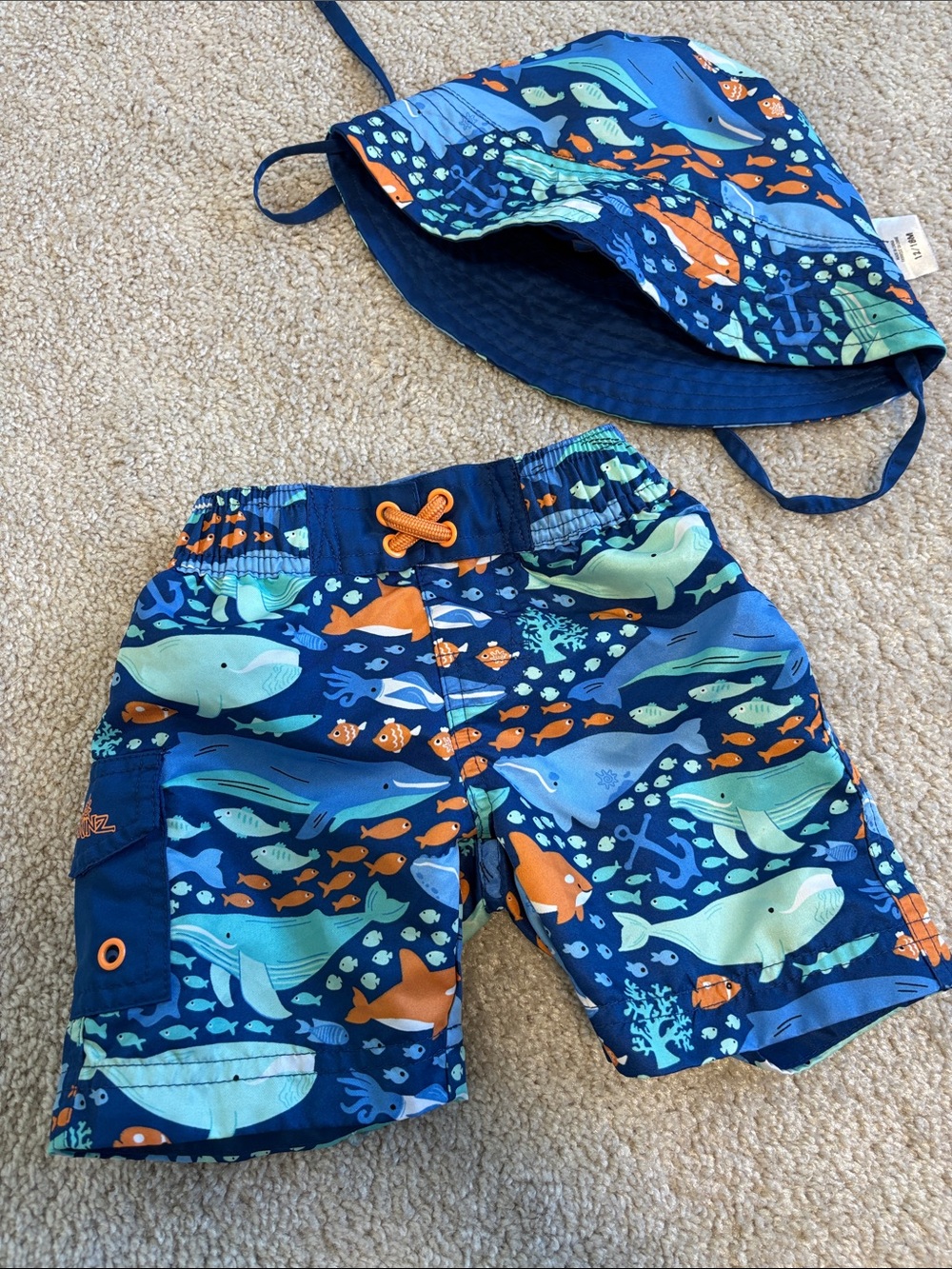 Toddler Boys Ocean Print Swim Shorts & Bucket Hat - Blue/Orange